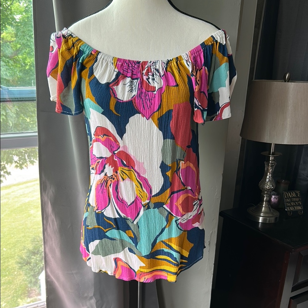 Tribal Pink and Yellow Off-the-Shoulder Blouse